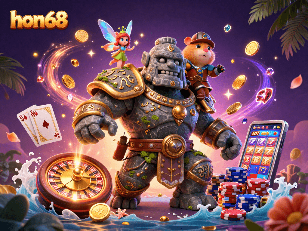 Experience the thrilling magic of hon68 with golden coins, vibrant characters, and exciting casino elements.
