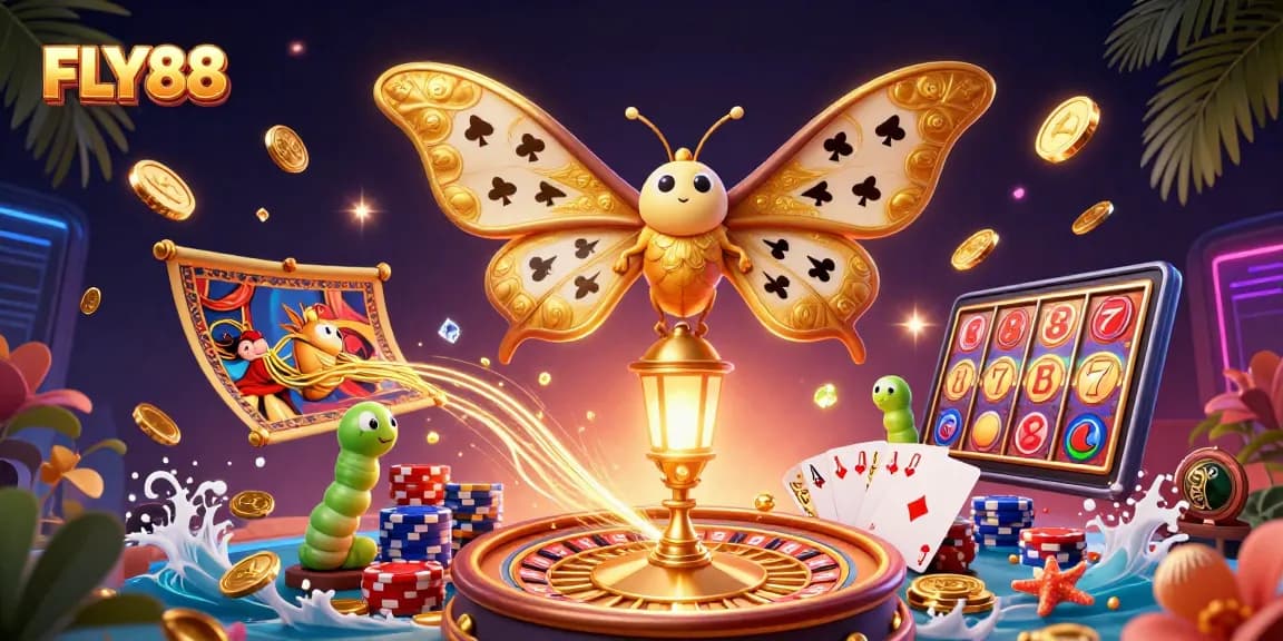 FLY88 showcases vibrant casino excitement with a dazzling moth and golden coin treasures.