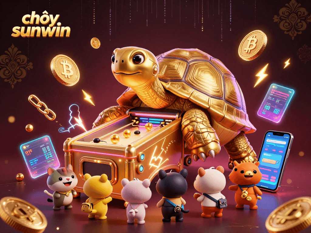 Playing trò chơi sunwin in an exciting casino atmosphere with animated tortoise and neon elements.