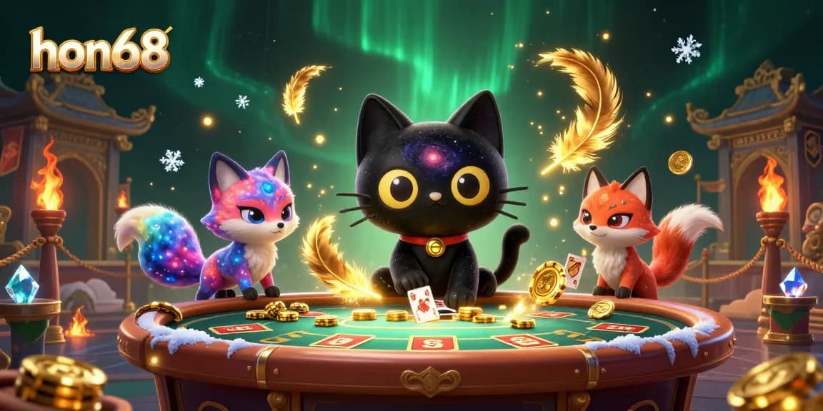 Engage with the cosmic charm of hon68: the ultimate gambling scene featuring a black hole cat and nebula fox.