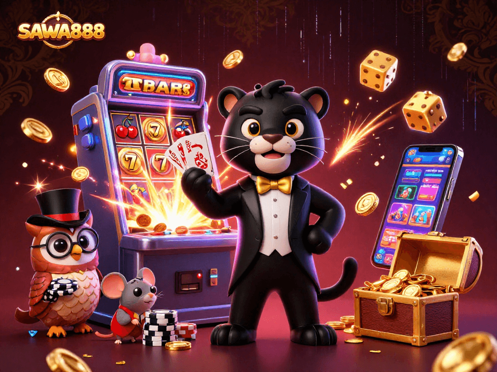 SAWA888 features a stylish black panther dealing cards alongside an owl and a lucky mouse, surrounded by vibrant casino elements.