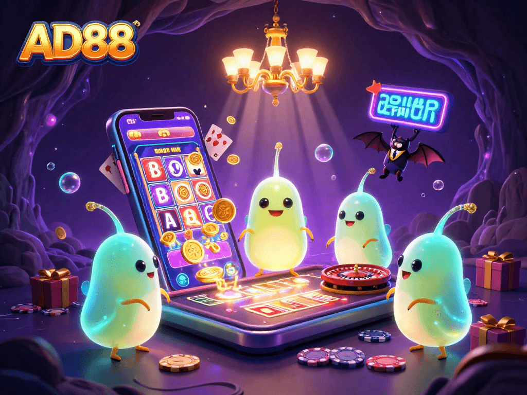 Experience the vibrant AD88 casino scene with glowing characters and dynamic gaming elements.