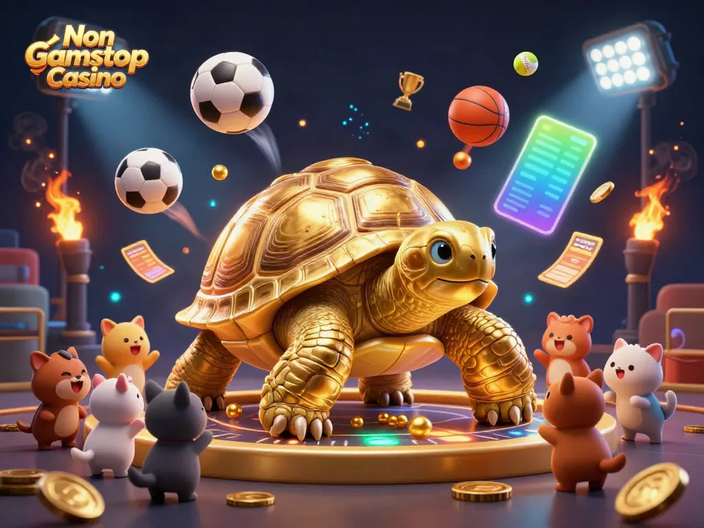 Engage with Non Gamstop Casino in an exhilarating 3D scene featuring a golden tortoise pinball machine amidst dynamic sports elements.