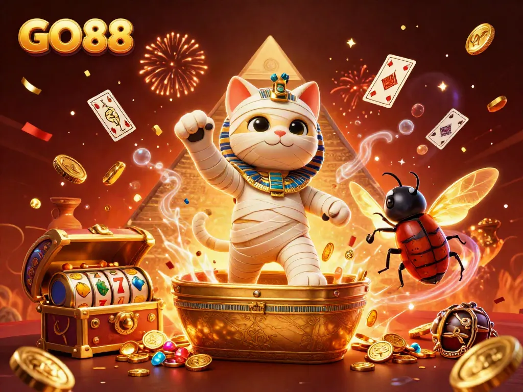 Engage with GO 88’s thrilling gambling action featuring a mummy cat, golden treasures, and vibrant casino elements.