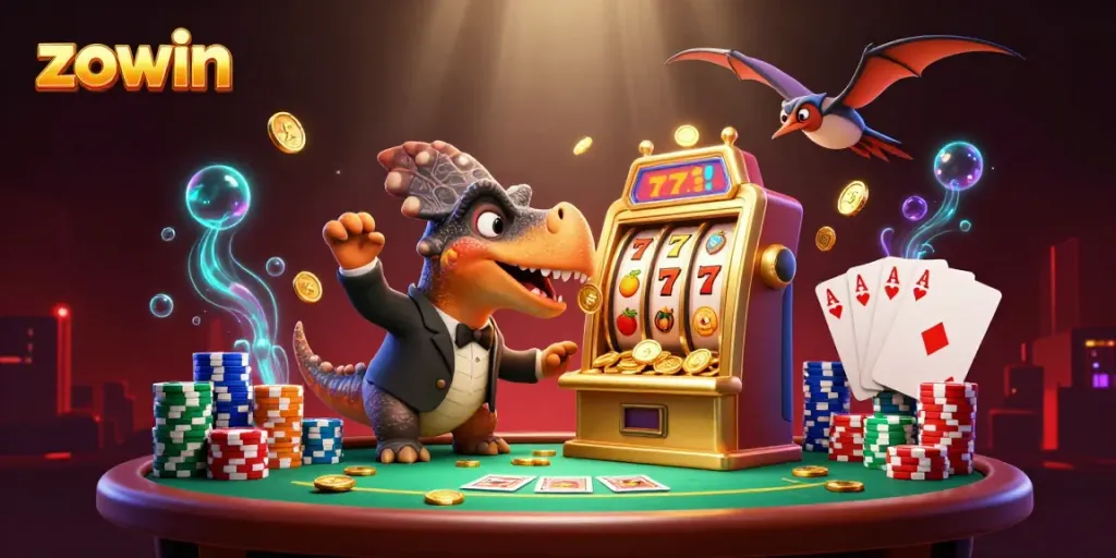 Witness a pachycephalosaurus winning jackpots at Zowin's casino amidst vivid gaming action.