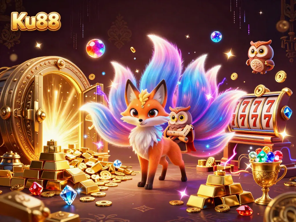 Experience thrilling moments at Ku88 with vibrant characters and dazzling game elements in a lively casino scene.