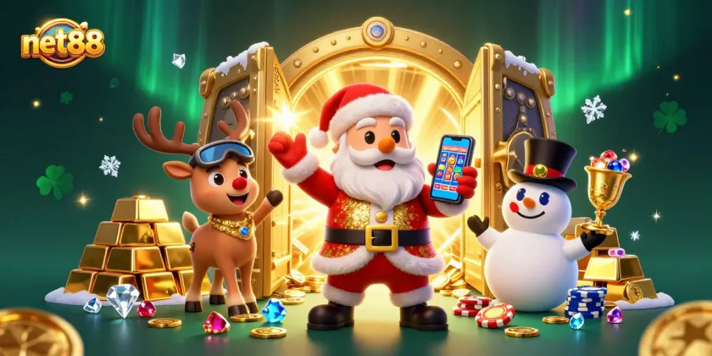 Join Santa and friends in a vibrant net88 casino adventure filled with jackpots and treasures.
