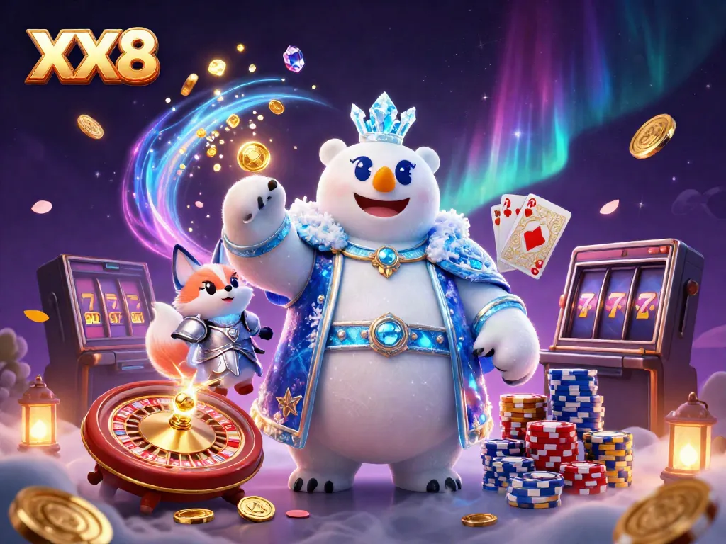 Engage in exciting casino action with XX8's vibrant scene featuring a polar bear king and mystical elements.