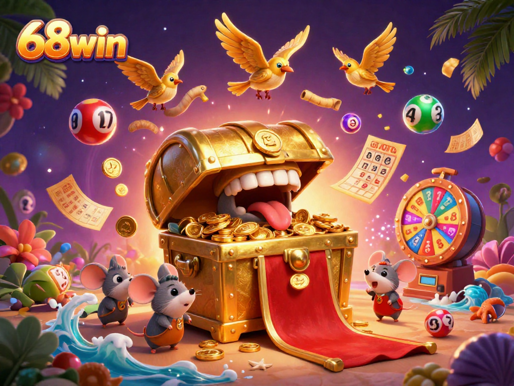 Join the adventure with 68win as treasure chests, lottery balls and vibrant prizes create a winning atmosphere!