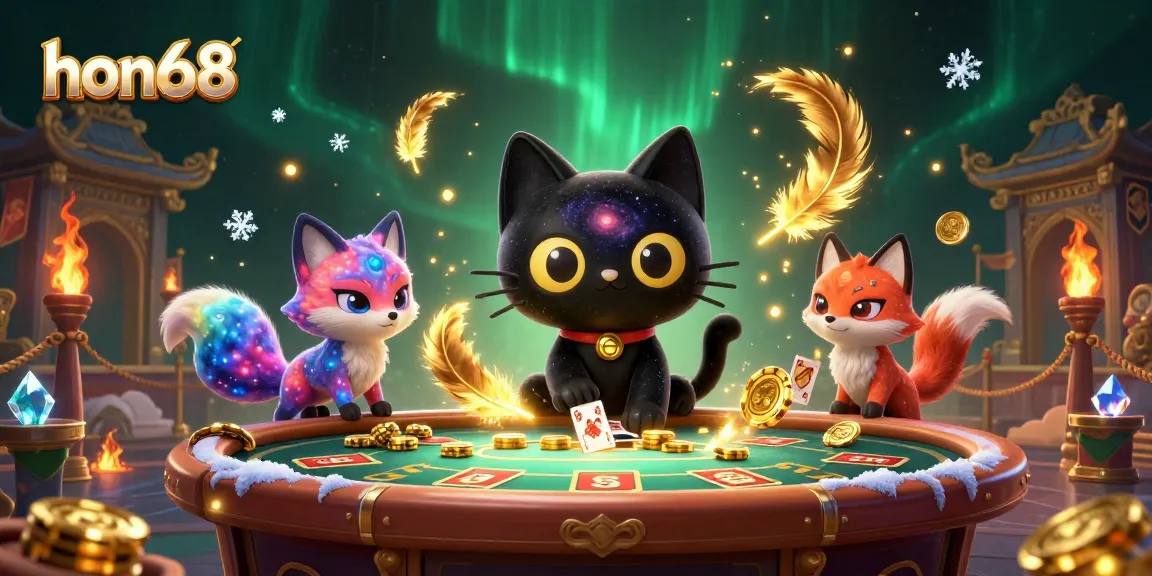 Engage with the cosmic charm of hon68: the ultimate gambling scene featuring a black hole cat and nebula fox.