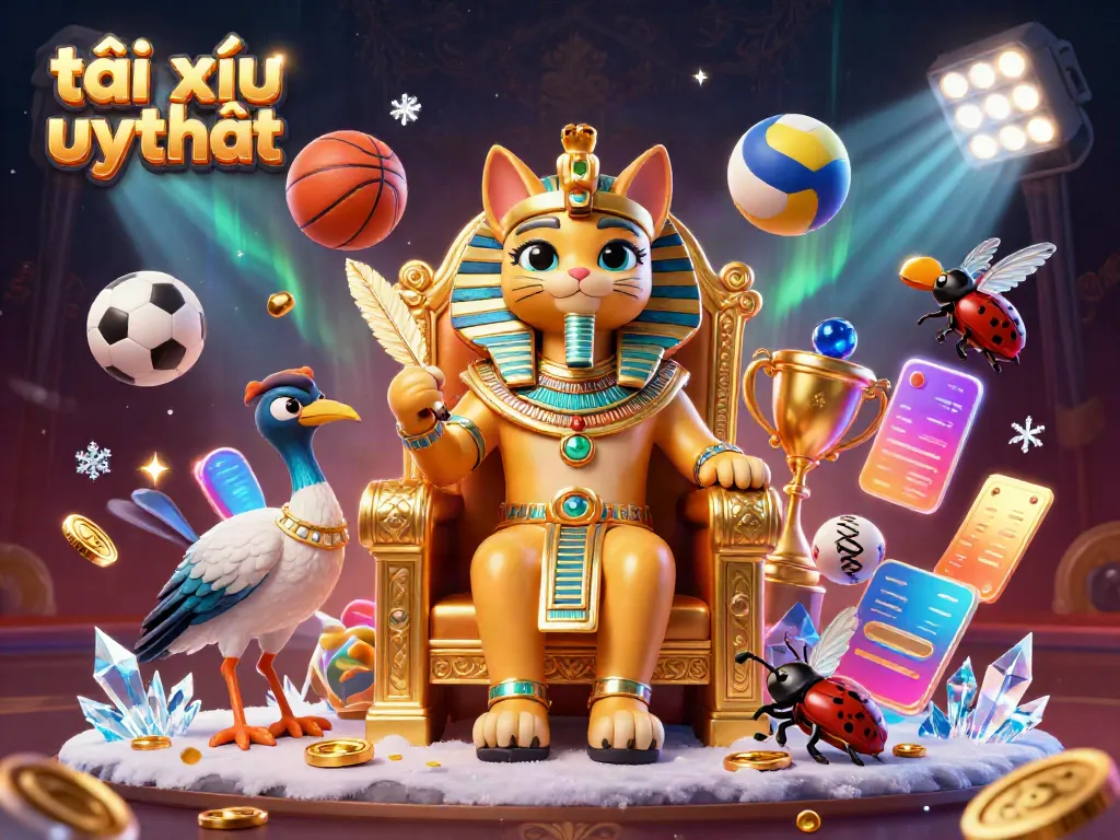 Engage with tài xỉu uy tín in a vibrant 3D illustration featuring an Egyptian pharaoh cat and sports elements.