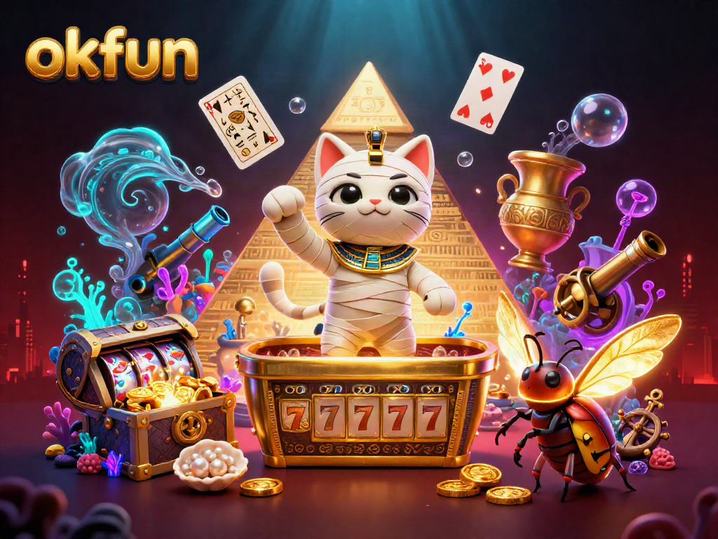 Play top casino slots with okfun in a vibrant 3D pyramid setting featuring mystical characters.