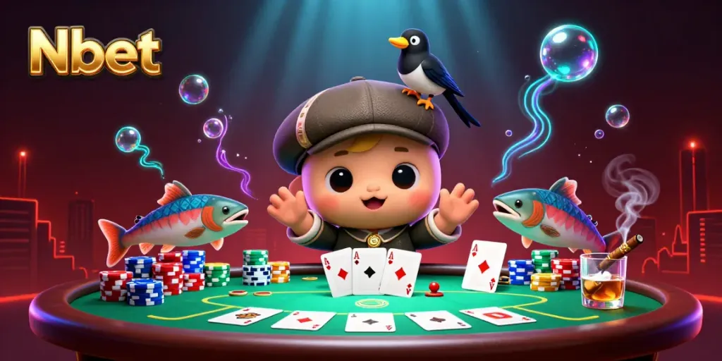 Experience thrilling poker action with Nbet featuring a playful Loch Ness monster and vibrant casino elements.