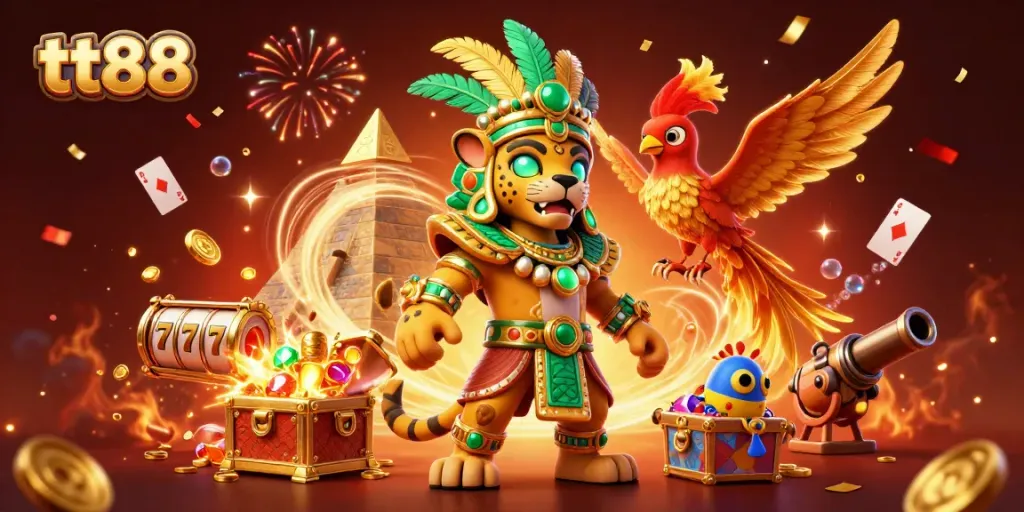 Win big at tt88 casino with vibrant 3D Mayan scenes featuring treasures and games.