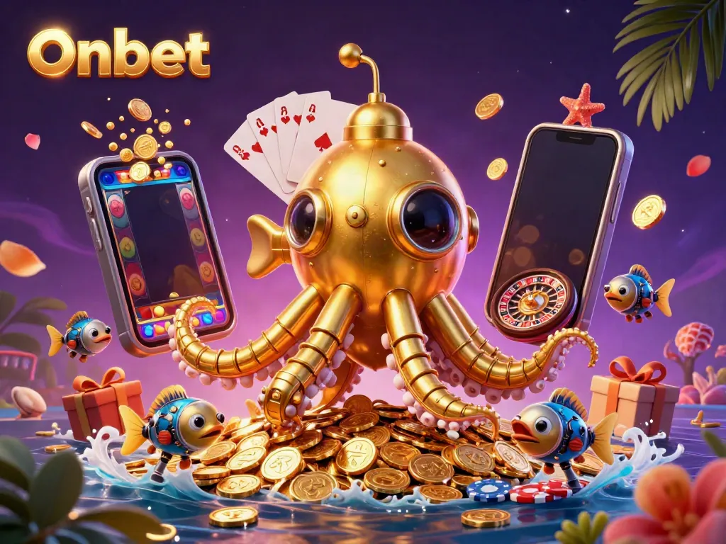Onbet integrates excitement with a golden kraken submarine amid a sea of coins and vibrant casino games.