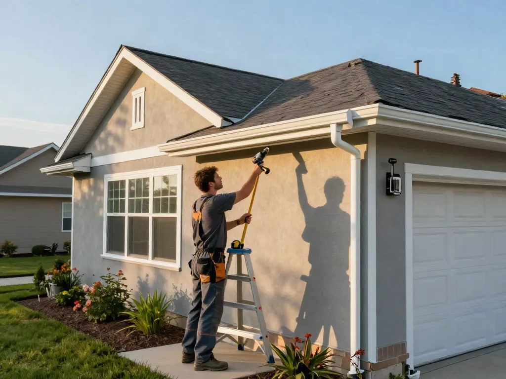 Spokane gutters installation in a sunny residential setting with a contractor at work.