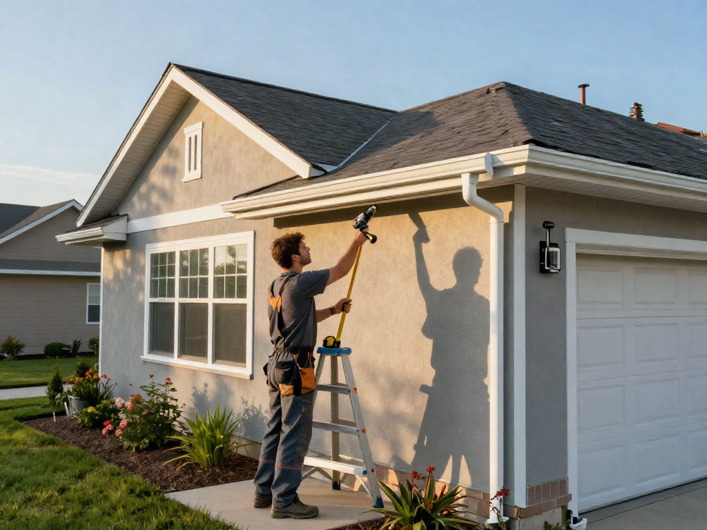 Spokane gutters installation in a sunny residential setting with a contractor at work.