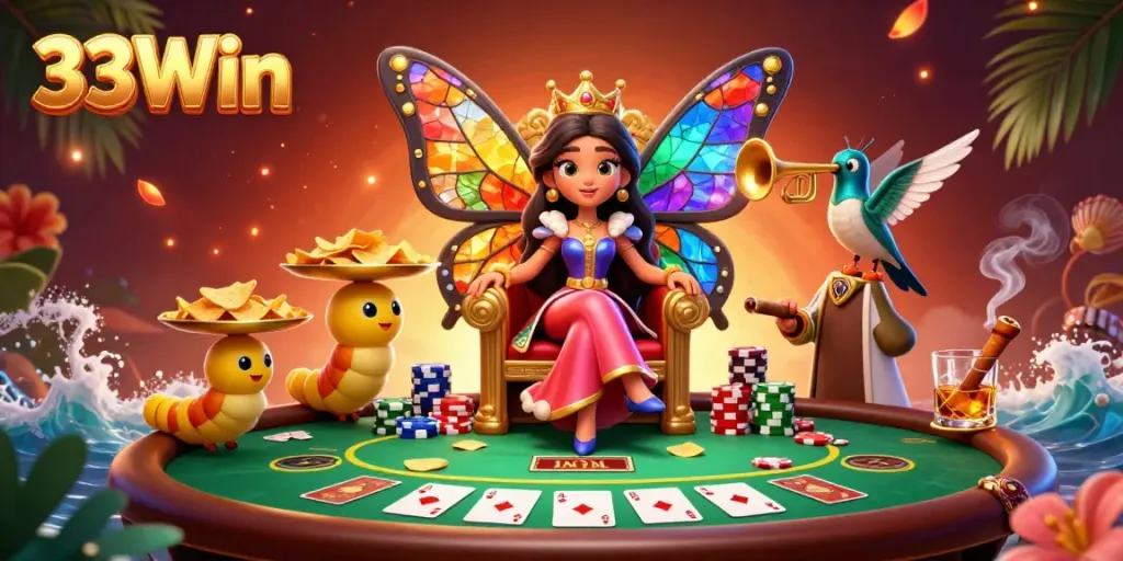 Engaging 3D scene illustrating 33Win with vibrant game elements, showcasing a cartoon butterfly queen in a casino environment.