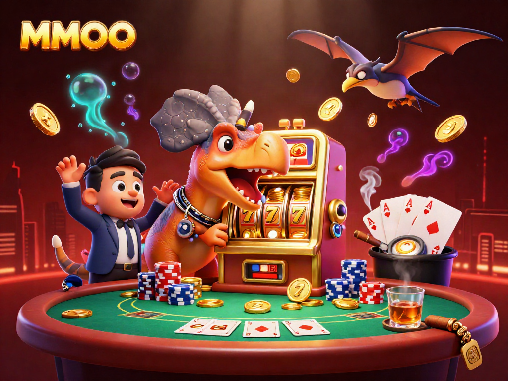 MMOO jackpot scene with a dino headbutting a slot machine while coins fly around