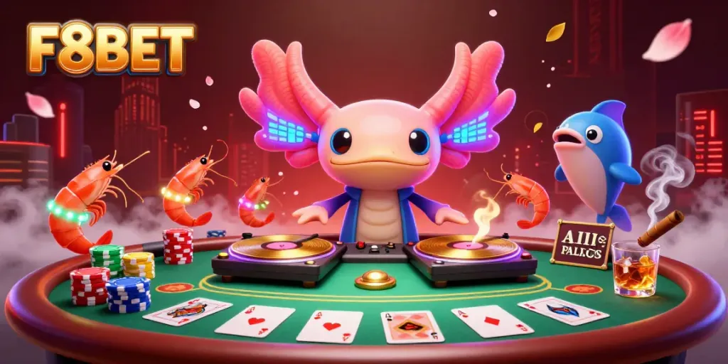 Experience thrilling gameplay with F8BET's neon-themed underwater casino featuring vibrant characters.