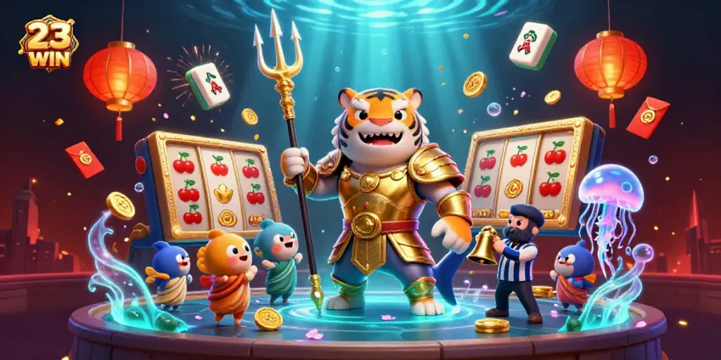 Experience the energy of 23WIN in an underwater colosseum with a tiger shark championing the casino excitement.