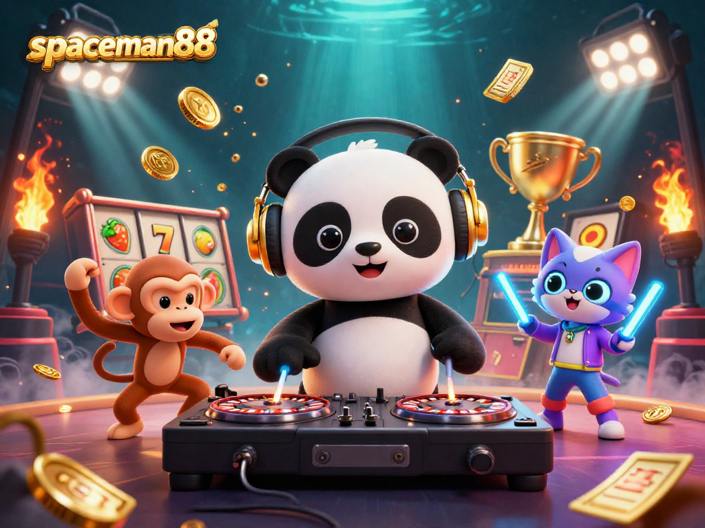 Spaceman88 brings excitement as a DJ panda spins slots, creating a jackpot atmosphere.