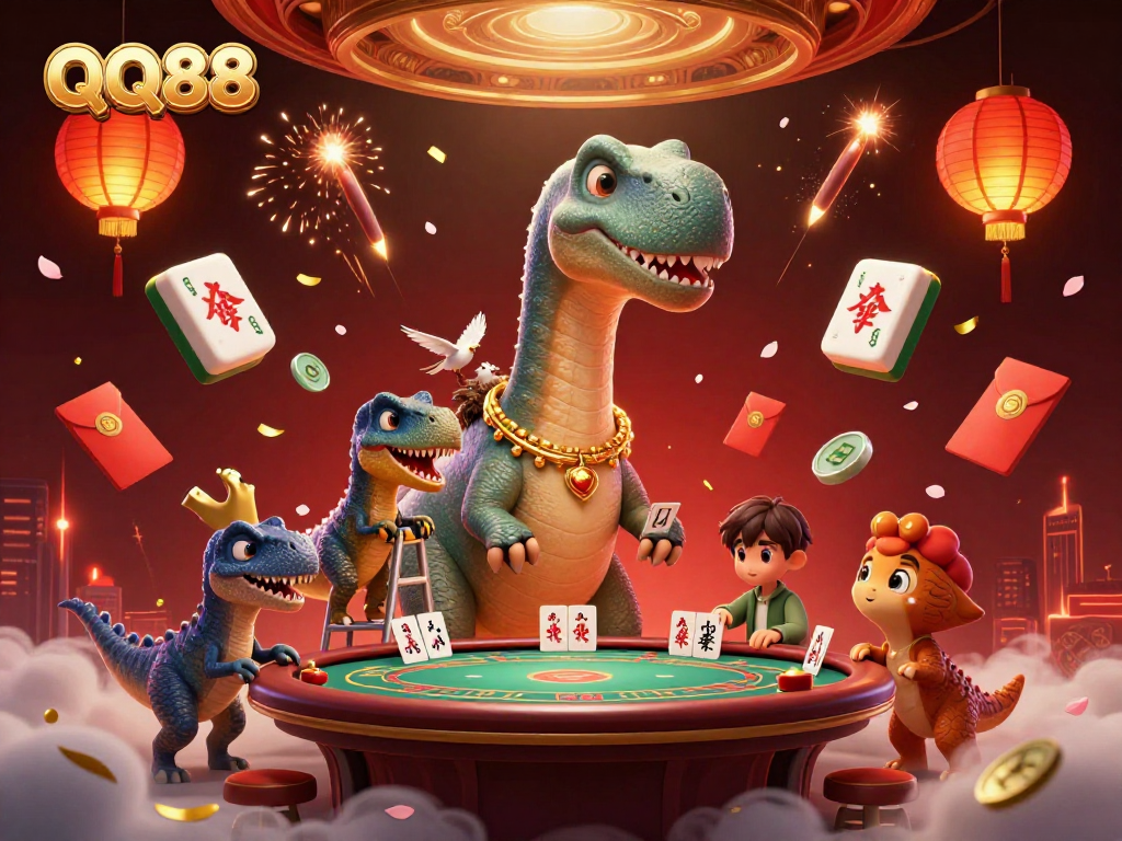 Engage in thrilling gaming at QQ88 with a whimsical cartoon brontosaurus and clever raptor dealer in a vibrant casino scene.