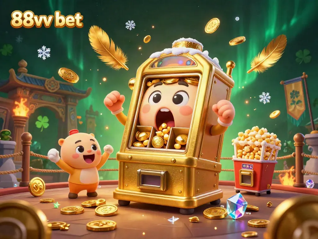 Experience the excitement of 88vv bet as a golden slot machine wins big, surrounded by cheering machines and coins!
