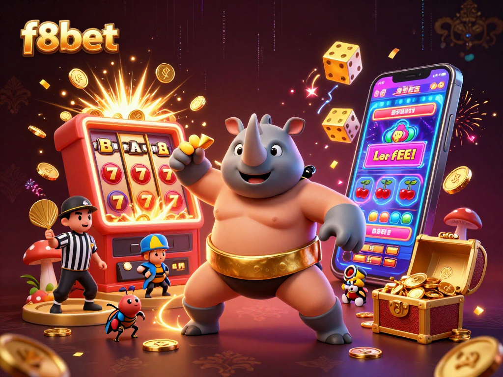 Experience the excitement of f8bet with 3D cartoon characters amid a dynamic casino-themed backdrop.