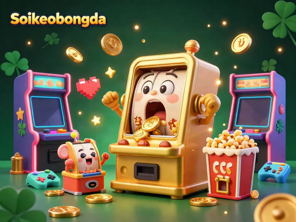 Soikeobongda jackpot moment captured with vibrant slot machines and coins cascading in excitement.