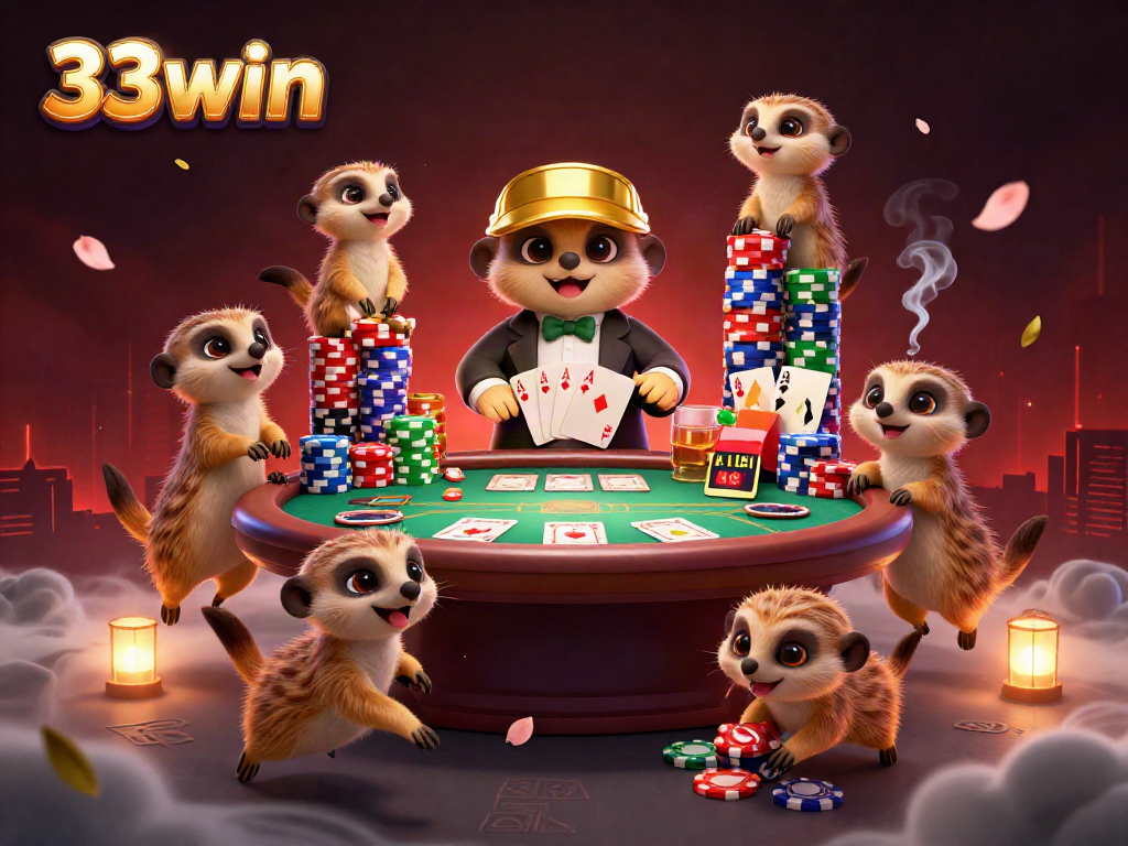 Meerkats enhance excitement at 33win casino scene with cards and chips