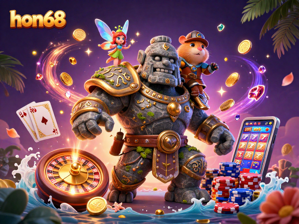 Experience the thrilling magic of hon68 with golden coins, vibrant characters, and exciting casino elements.