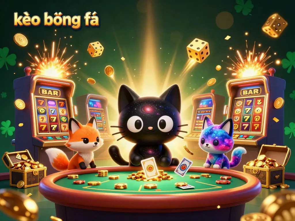 Engage in kèo bóng đá action with a cosmic black hole cat and nebula fox at a vibrant casino.