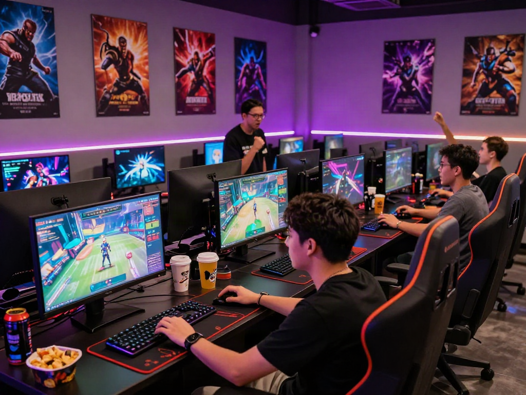 Dynamic gaming scene showcasing friends immersed in porngame at a lively lounge.