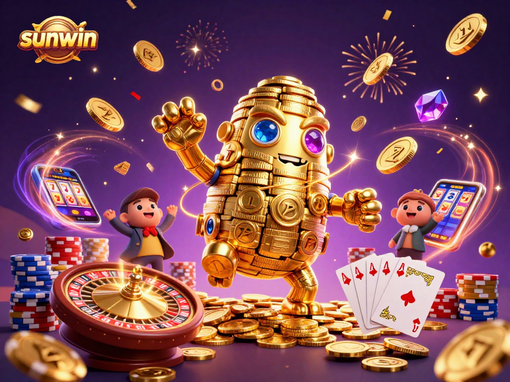 Experience thrilling gameplay at sunwin with a golden golem amidst cascading coins and dazzling games.