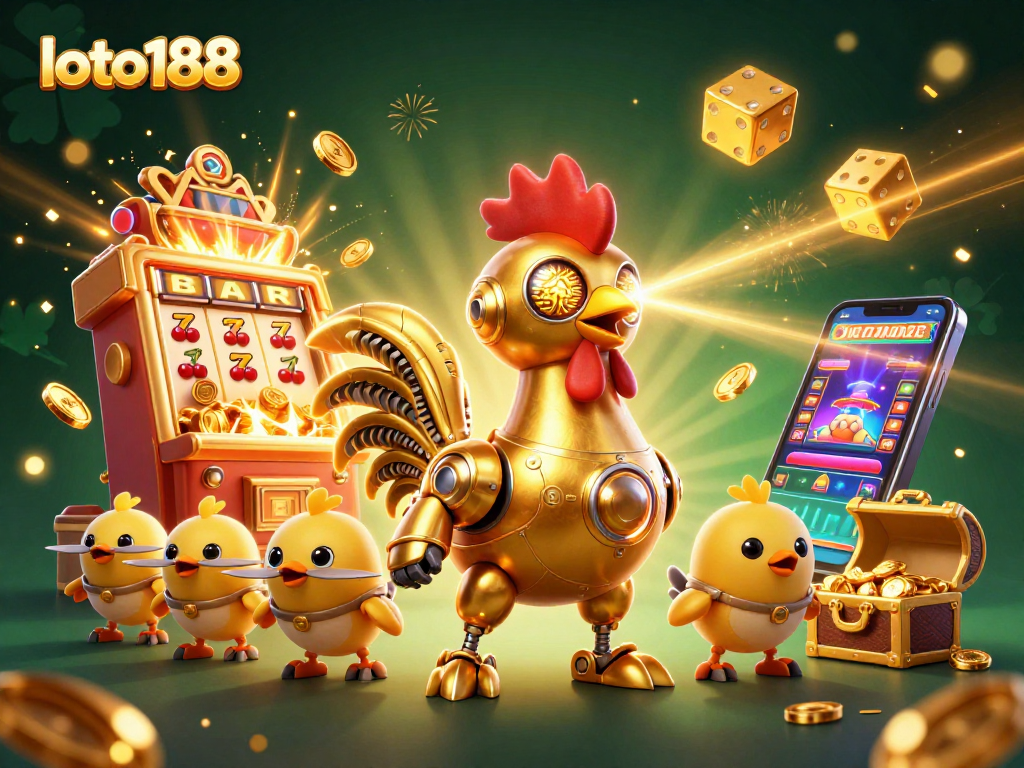 Experience the excitement of loto188 with the golden rooster robot and vibrant casino games!