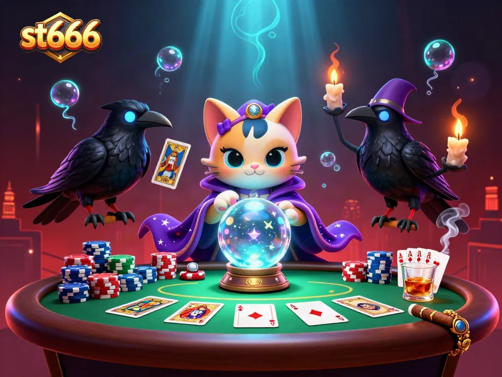 Engage with st666 through this vibrant 3D casino scene showcasing interactive poker elements and enchanting characters.