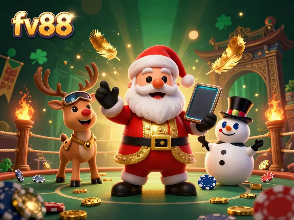 Experience thrilling jackpots at fv88 with Santa Claus, his reindeer dealer, and poker chip snowman in a vibrant casino scene.
