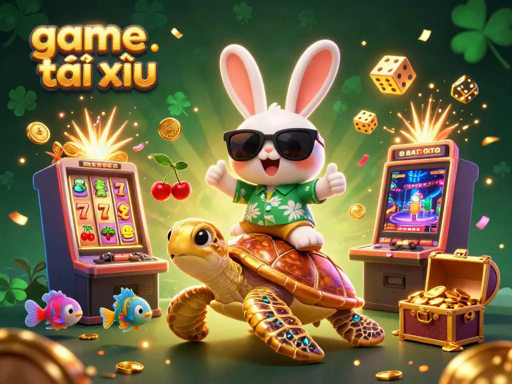Experience game tài xỉu with an exciting 3D illustration featuring gaming symbols and vibrant characters.