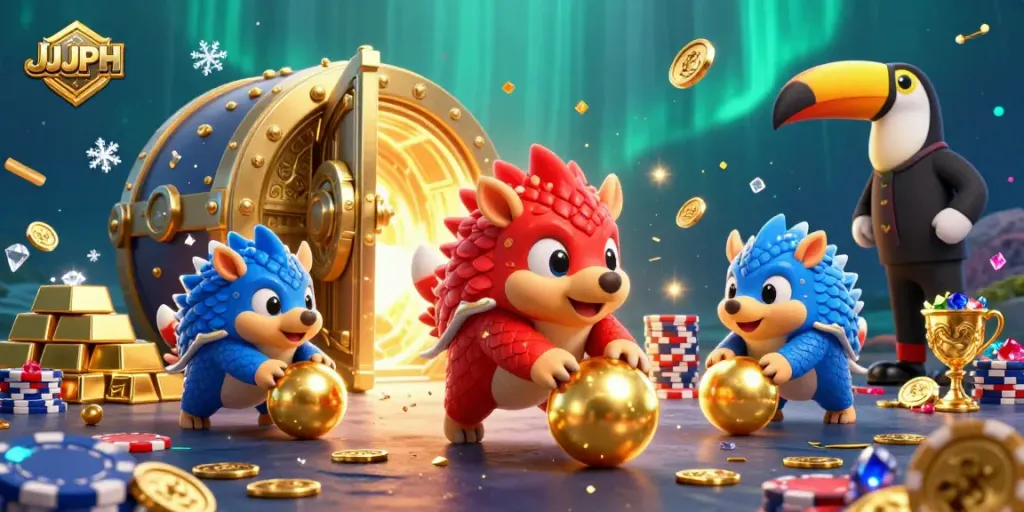 Experience excitement at JJJPH as rival pangolins bowl through poker chips in a vibrant casino scene.