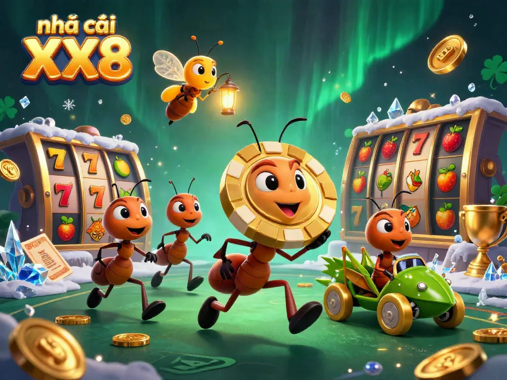 Experience the thrill of Nhà cái XX8 with a 3D illustrated scene showcasing playful ants on a fun casino heist.