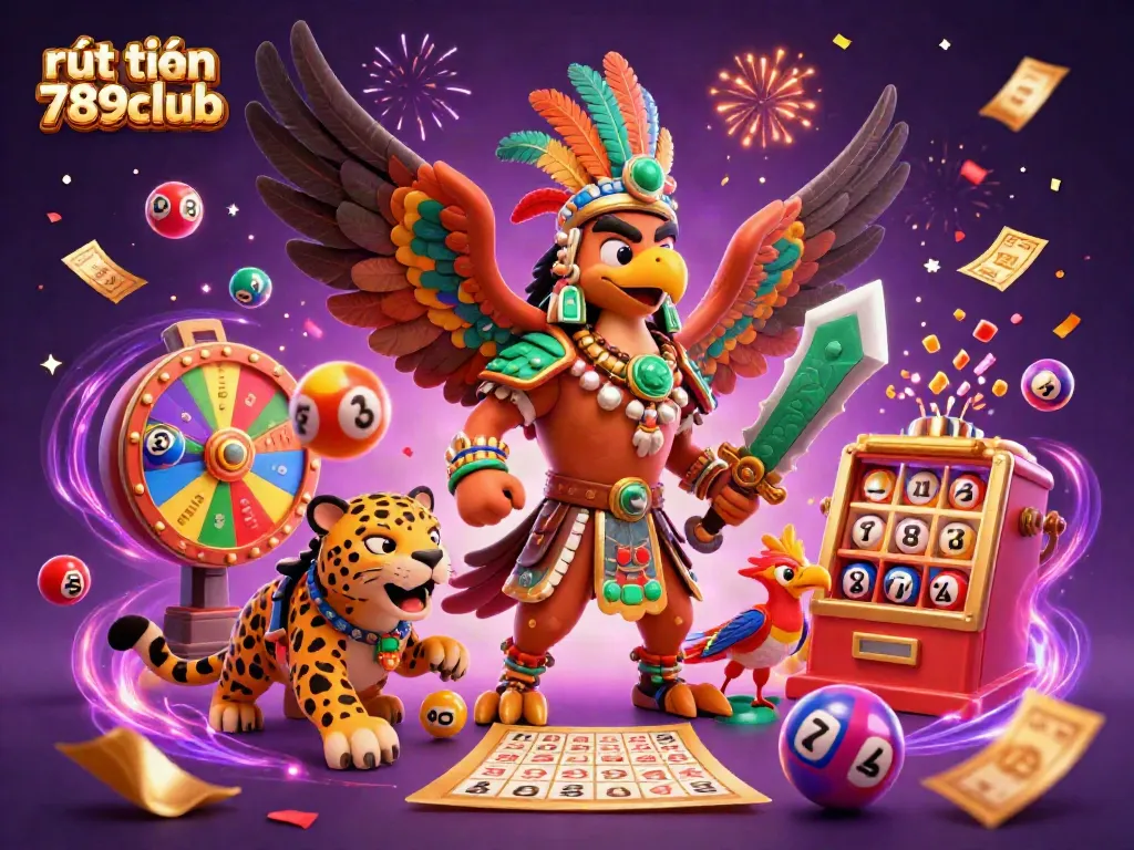 Engage with the rút tiền 789club scene featuring vibrant lottery elements surrounding the Aztec warrior characters.