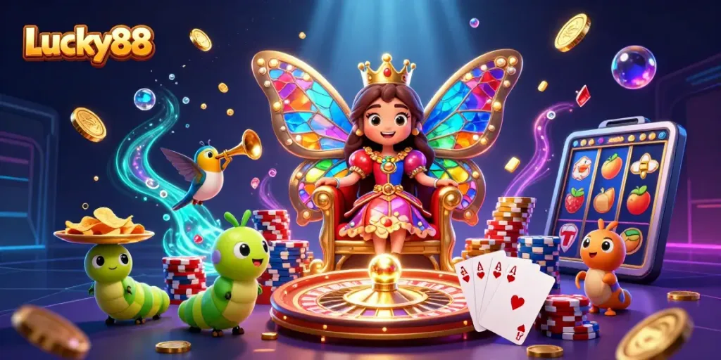 Immerse in the thrilling world of Lucky88 with a vibrant casino scene featuring a butterfly queen and enchanting elements.