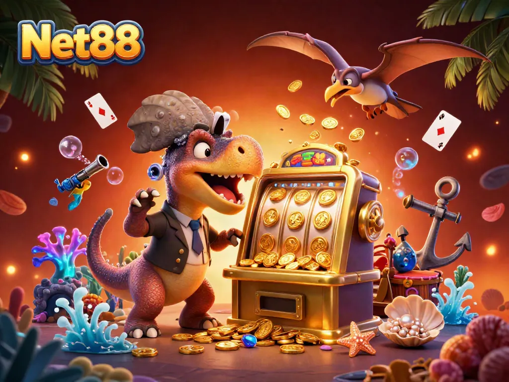 Net88 offers dynamic jackpots with thrilling action as a cartoon dinosaur triggers wins, creating a vibrant casino atmosphere.