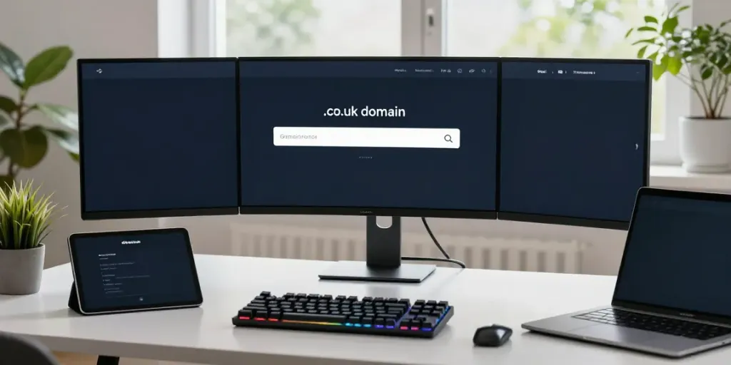 Affordable .co.uk domain registration in a modern tech workspace with software development tools.