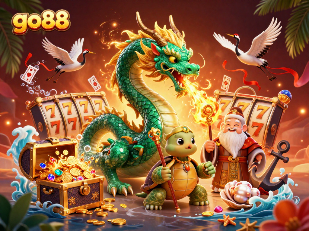 Experience the thrill of go88 with a vibrant 3D dragon illustration and casino elements.
