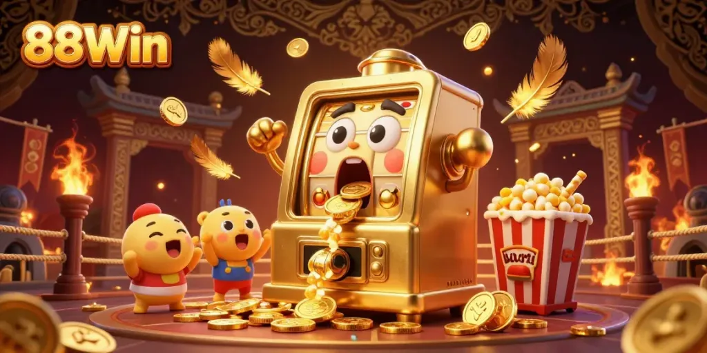 Experience exhilarating wins with 88Win in a vibrant slot machine celebration, showcasing dynamic gaming elements.