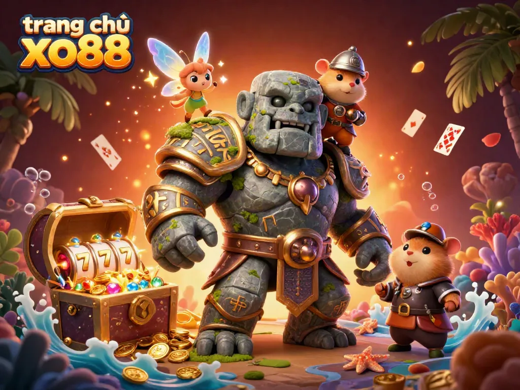 Experience the excitement of trang chủ xo88 with a 3D magical casino scene filled with treasures.
