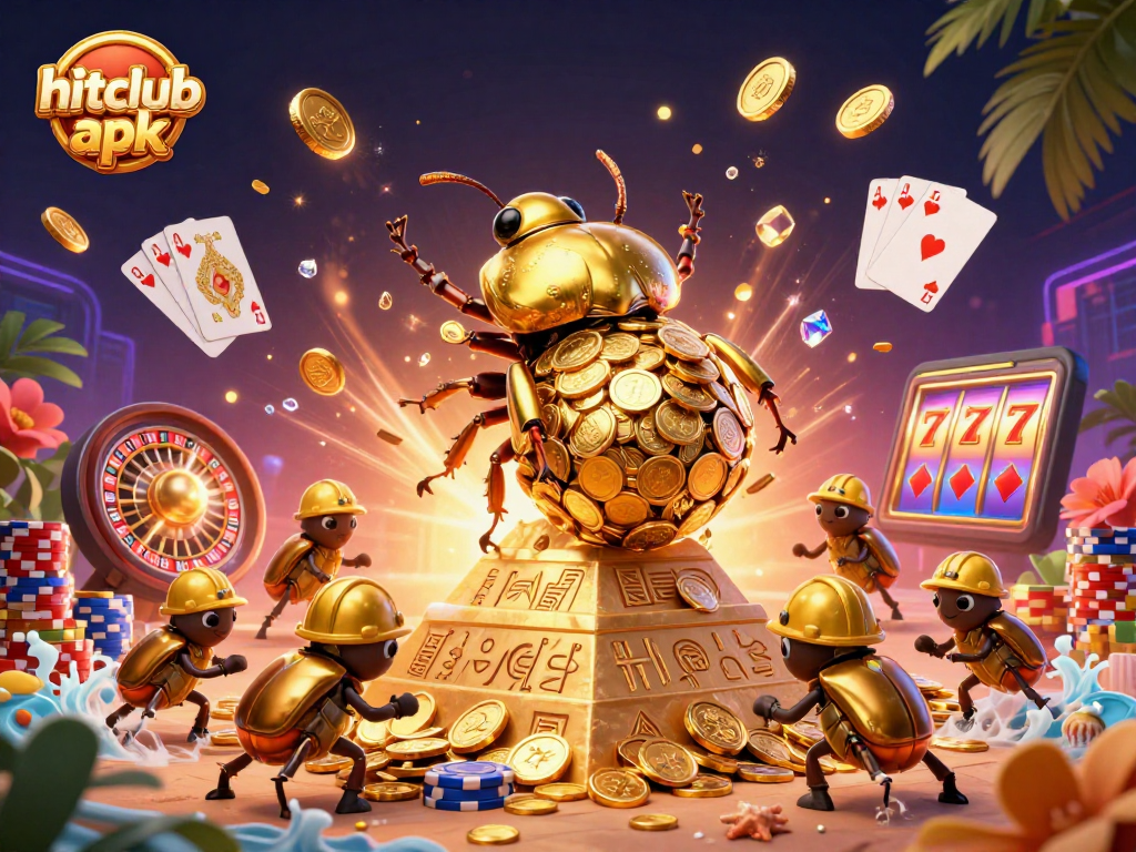 Experience excitement with Hitclub APK, featuring a golden dung beetle surrounded by casino elements.