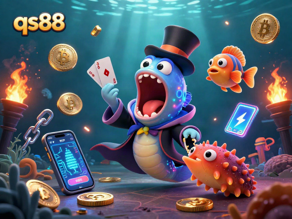 Perform coin magic with qs88 in dynamic casino-inspired underwater scene featuring crypto characters.